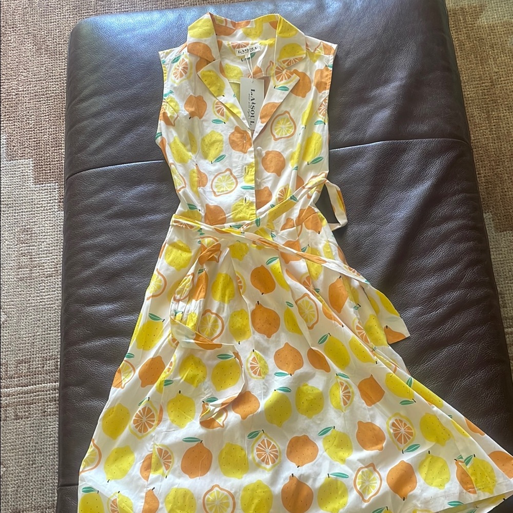 A-Line fitted Midi citrus print Sundress with Notched Collar and waist tie